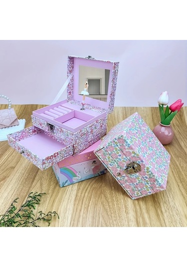 Willowhaven Pembe Çiçek Desenli Dönen Balerin Müzikli Çift Çekmeceli Takı Kutusu