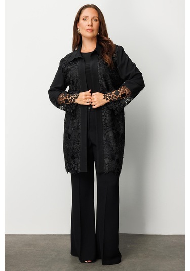 Moda İlgi Kadın Büyük Beden Önü Güpür Dantelli Tunik 0256 Siyah Siyah