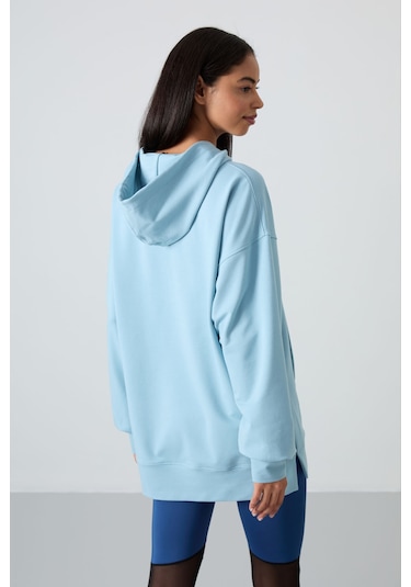 Tommy Life Açık Mavi Balon Kol Yazı Nakışlı Kadın Oversize Tunik Sweatshirt - 97163 Açık Mavi