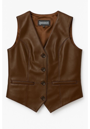 Hakiki Deri Kahverengi Kadın Yelek Kahverengi