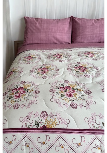 Alla Turca Tek Kişilik Yazlık Uyku Seti Düz Çarşaflı Kanaviçe Gül Kurusu Gülkurusu