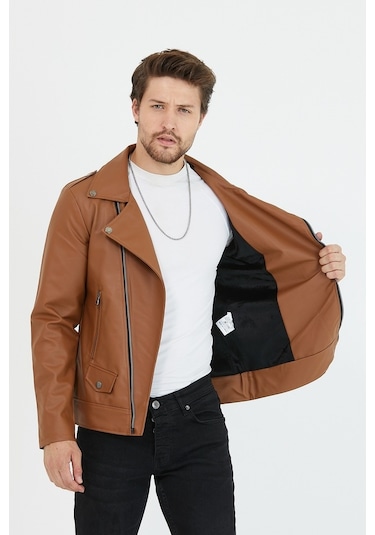Erkek Taba Yeni Sezon Çapraz Fermuarlı Deri Ceket Mont-Taba
