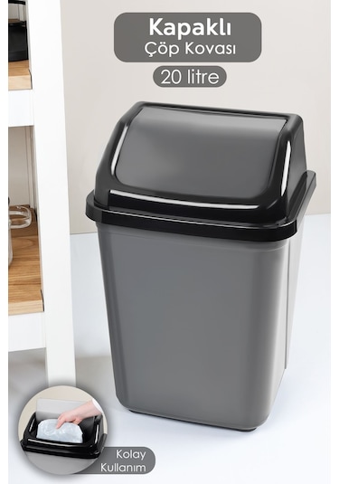 Kapaklı Plastik Çöp Kovası - Ev Ofis Banyo Mutfak Çöp Kovası Gri 20 Litre Gri