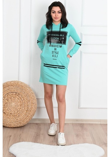 Kadın Kapüşonlu Baskılı Sweat Elbise 7004 001