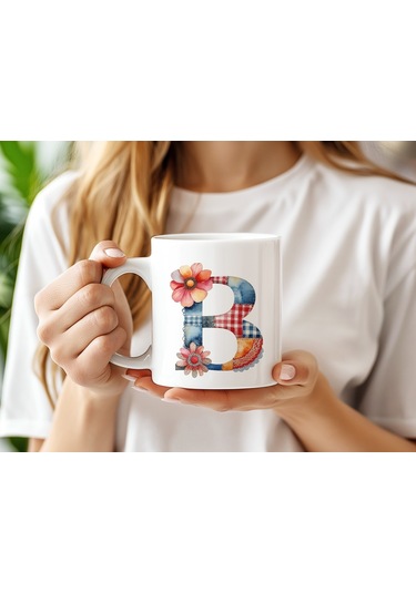 B Harfli Retro Çiçekli Kupa Bardak - Patchwork Tarz Yamalı Desenli İsme Özel Kupa - Hediye Beyaz