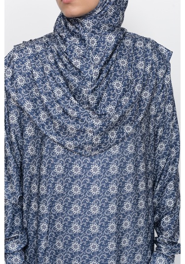 Pratik Tek Parça Güneş Desenli Kollu Tak Çıkar Başörtülü Likralı Tesettür Namaz Elbisesi 990-0302 Lacivert Antrasit