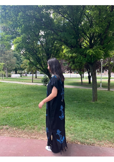 Mavi Denizci Desenli Siyah Salaş Kimono Kaftan Standart Mavi