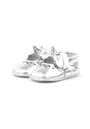 Hapshoe Kids Hakiki Deri Gümüş Fiyonklu Lastikli Bebek Patik Gümüş