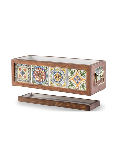 Halohope El Yapımı 4 Meksika Çinili Dekoratif Modern Ahşap Dikdörtgen Bahçe Balkon Saksı Saksılık Çiçeklik