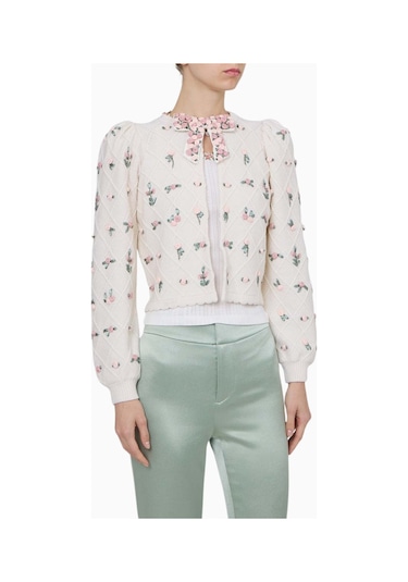 Almi Alice And Olivia Çiçek Işlemeli Örgü Hırka Beyaz