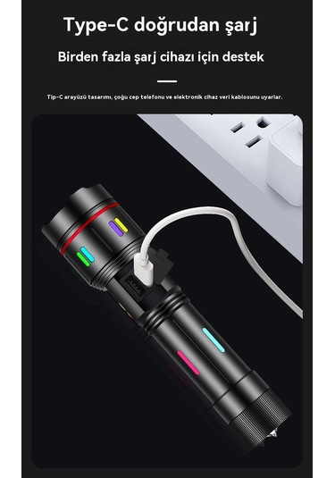 Jian Fan Yeni Yüksekışıklı El Fenerişarj Ultra Parlak Dışmekan Uzun Menzilli Beyaz Lazer Ultra Dayanıklıklıkok Fonksiyonlu El Feneri Siyah