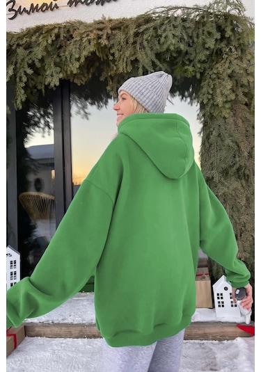 Madmext Yeşil Kapüşonlu Şardonlu Oversize Sweatshirt Mg1566 Yeşil