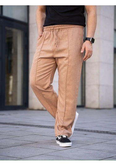 Erkek Keten Cepli Çıma Dikişli Jogger Buggy Pantalon Rahat Kalıp - Kahverengi Kahverengi