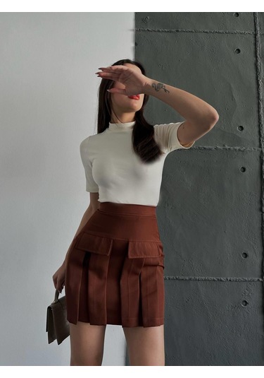Kadın Acı Kahve Kargo Cep Detaylı Pileli Mini Etek-kahve Kahve