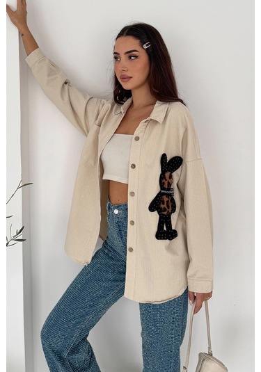 Leopar Ayıcık Armalı Gabardin Kumaş Gömlek Krem Krem