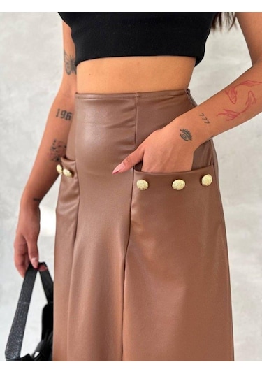Kadınyüksek Bel Cep Ve Düğme Detay Fırsat Ürün Midi Boy Deri Etek Kahve