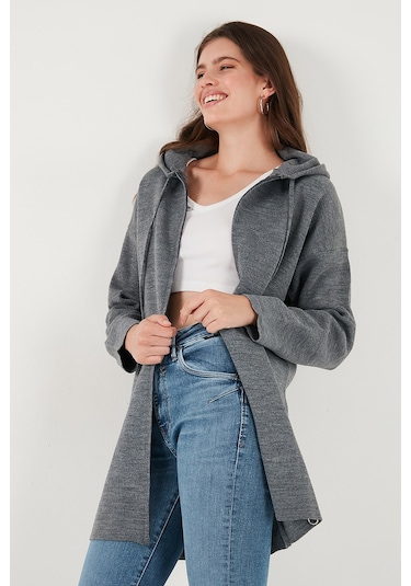 Lela Modest Regular Fit Kapüşonlu Tesettür Triko Bayan Hırka 4616176 Antrasit