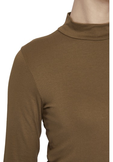 Kadın Organik Uzun Kollu Balıkçı Yakalı Body Açık Çikolata