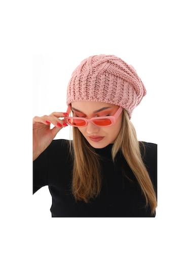 Kadın Kalın Pudra Örgü Ponponlu Bere Pudra