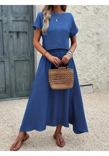 Leyla Sanat Sanata Yeni Bir Bakış Açısı Kadın Kısa Kollu Bisiklet Yaka Bluz Etekli Ithal Keten Ikili Takım Mavi