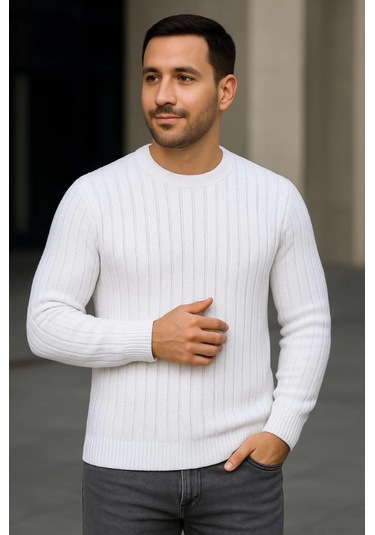 Erkek Bisiklet Yuvarlak Yaka Triko Kazak Pamuklu Kalın Fitilli Dokuma, Regular Fit Uzun Kollu Kışlık Model - Beyaz Beyaz