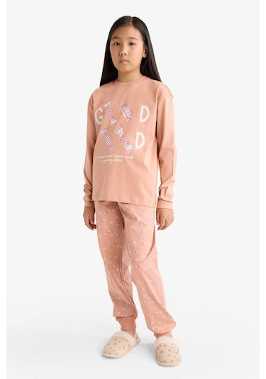 Defacto Kız Çocuk Pijama Takımı Baskılı Uzun Kollu Üst Uzun Alt G0091a825wnbr478 Bordo