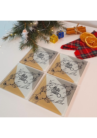 Decorita Cam Bardak Altlığı Mutlu Yıllar Happy Deer 4'lü Takım Çok Renkli