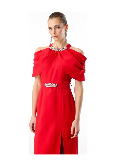 Moda İlgi Kadın Yakası Ve Kemeri Aksesuar Detaylı Elbise 0007 Kırmızı Kırmızı