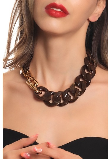Kadın Kalın Zincir Kahverengi Reçine Kolye Kahverengi