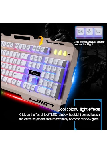 Chasing Leopard G700 Usb Rgb Arka Işıklı Kablolu Optik Oyun Fare Ve Klavye Seti, Klavye Kablolu Uzunluğu: 1.35m, Fare Kablolu Uzunluğu: 1.3m Beyaz Optik