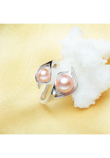 Beyaz Lsooyh Moda Yaprak Tasarım Çift İnci Yüzük Doğal Tatlı Su Inci Yüzükler Kadınlar Için Beyaz