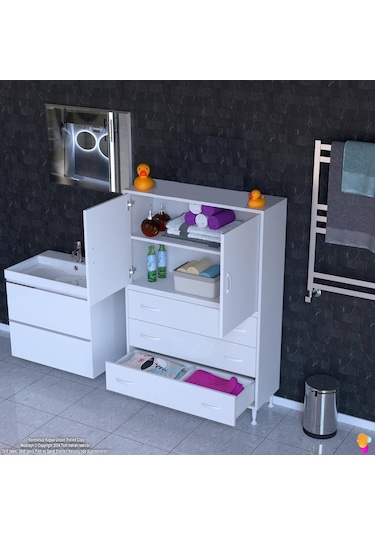 Modilayn İlkim 80 X 138 X 32,5 Cm' Lik Kapak İçi Çift Raflı Ve 3 Çekmeceli Düzen Harikası Dolap Beyaz