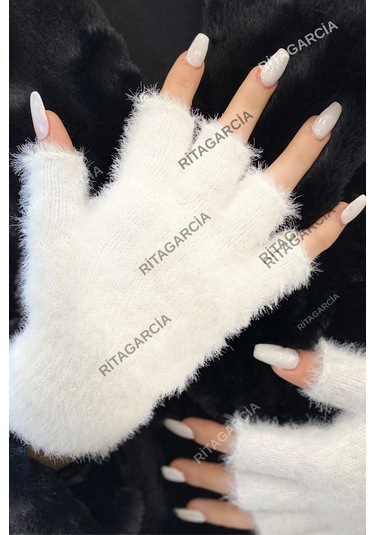 Peluş Kesik Parmak Eldiven Beyaz1