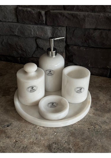 Beyaz Mermer Gümüş Pompalı, Pamukluk Kendinden Tutmalı 5'li Set Beyaz