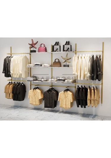 Mağaza Raf-Askılık Sistemi Butik Mağaza Stand 245 x 200 CM Gold - Mermer