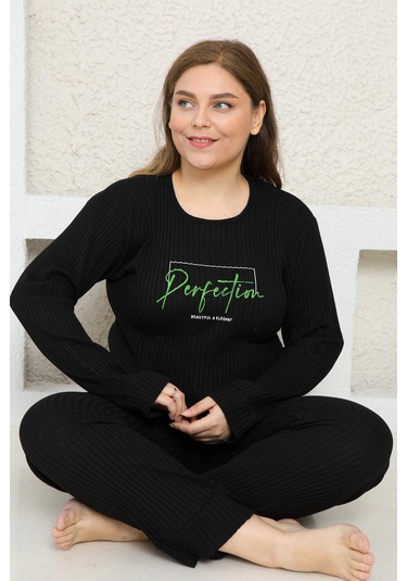 Fames Pijama Büyük Beden Fitilli Pijama Takim Siyah