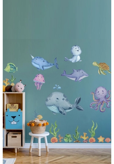 Eğitici Sevimli Deniz Hayvanları Ve Bitkiler Sticker Seti Büyük Boy