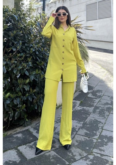 Kadın Yeşil Gofre Kumaş, Çift Cepli Gömlek & Bol Paça Pantolon - Salaş Alt & Üst Takım Yağ Yeşili