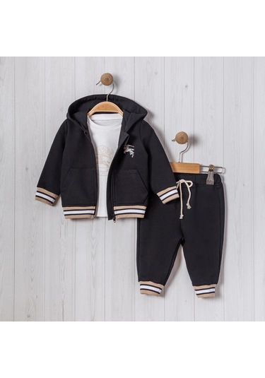 Kapşonlu At Baskılı Bebe 3'lü Erkek Takım Siyah