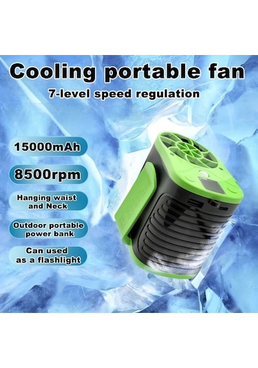 Motion003 Yeşil 15000mah Pil Güç Bankası Taşınabilir Bel Fanı Usb Şarjlı Dış Mekan Soğutma Fanı 8500rpm 7 Hız Ayarı