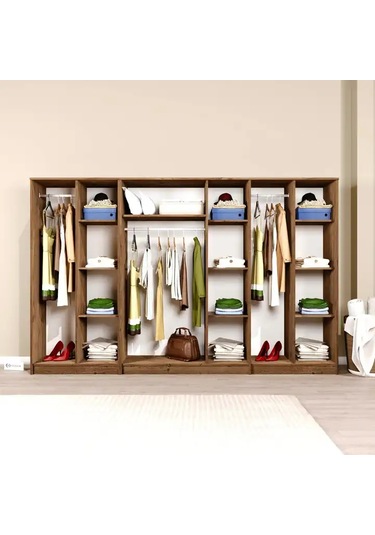 Kardelen Serisi Atlantik Çam 7 Kapaklı 13 Raflı 280 Cm Elbise Dolabı - Gardırop Seti Atlantik Çam