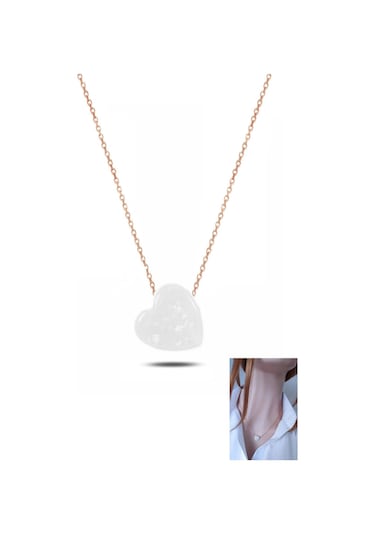 Beyaz Reçine Kalpli Kolye Gümüş Zincirli Rose Gold Kaplama Rose Gold