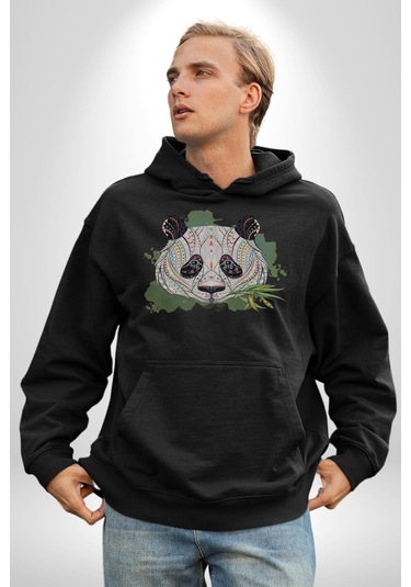 Panda Mandala Kadın Erkek Siyah Kapüşonlu Sweatshirt Hoodie Siyah