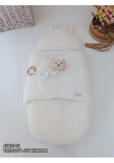 Yenidoğan Kulaklı Şapkalı Açılır Kucaklı Cırt Kapamalı Bebek Battaniyesi Kundak Krem Çok Renkli