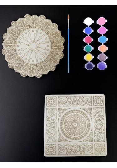 Mandala , 20 Cm 2'li Ahşap Hobi Boyama Setleri Model 3