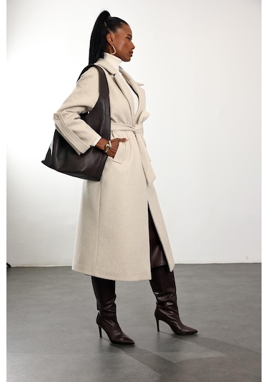 Bej Kuşaklı Kaşe Palto 1146 Bej