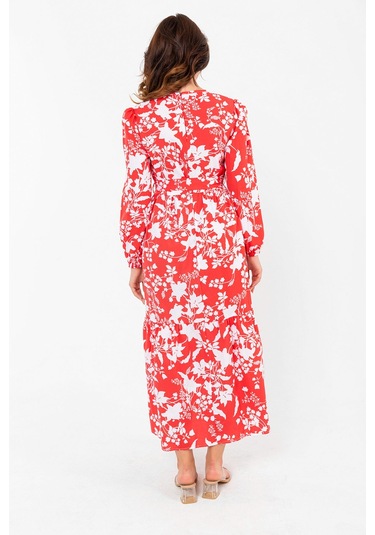 Yaprak Desenli Renkli Pamuklu Yazlık Baharlık Kuşaklı Elbise 2101 Kırmızı