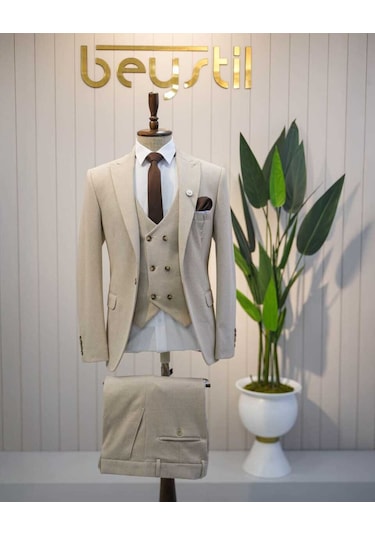 Beystil Sivri Yaka Krem Takım Elbise Elanor- Slim Fit Ekru