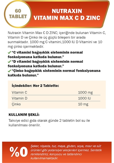 Nutraxin Vitamin Max C D Zinc 60 Tablet - Zaman Salınımlı