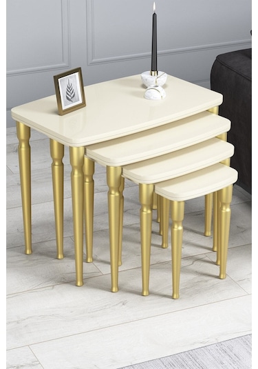 Imaj Mdf Ve Lake Boya, Krem 4lü Zigon Sehpa Takımı, Doğal Vernikli Gürgen Ayaklar Sehpalar Krem Ayaklar Gold